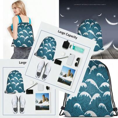 Unisex Adult Modern Vintage Blue Abstract Sports Multi-Sport Drawstring Backpack 14x16.9 Inch Waterproof Polyester 2 Compartments