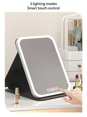 1個 ポータブルLEDメイクアップミラー ライト付き、600mAh充電式バッテリー、3色調光タッチスクリーン化粧鏡、折りたたみ式トラベルコスメミラー 女性/男性/母親用、自宅、旅行、サロンで使用可能、バレンタインデー&母の日ギフト、誕生日プレゼントに最適