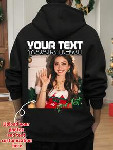 Customized Plus Size Men's Hooded Sweatshirt For Valentine's Day, Personalize With Your Photo/Couple Photo/Couples/Family/Friend/Pet/Landscape - Black - View 1