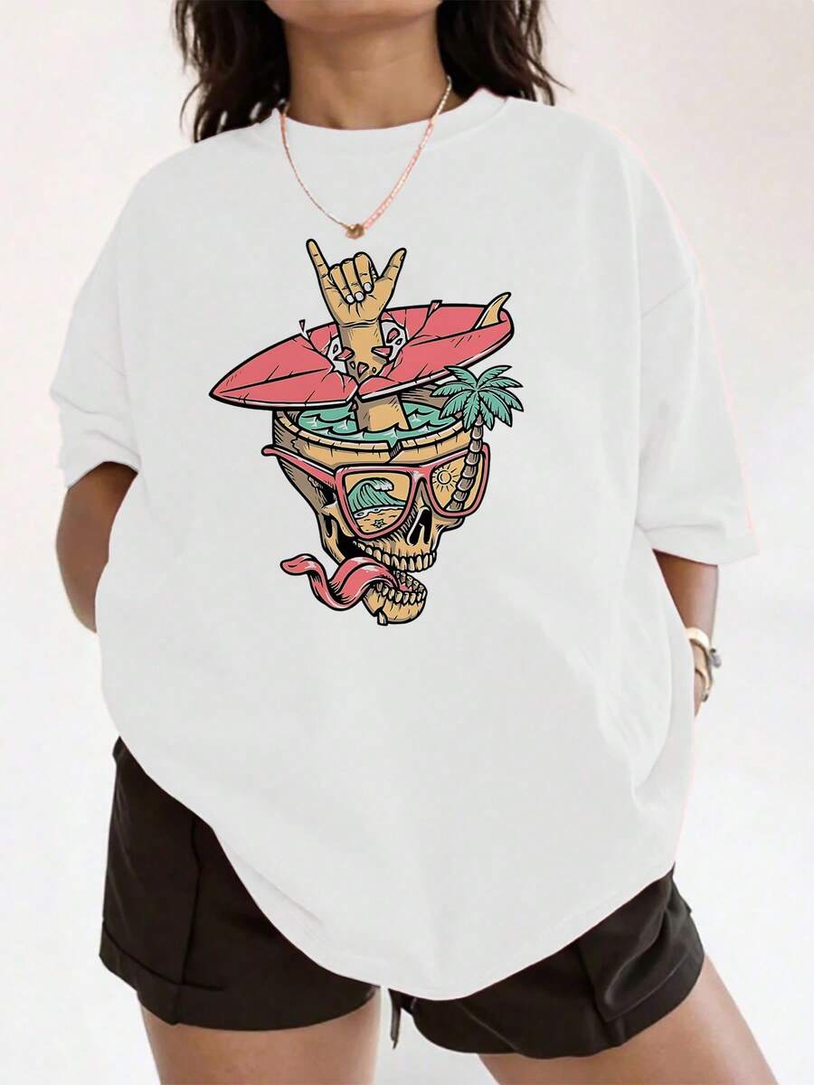 Camiseta de mujer con estampado gráfico vibrante, camiseta de algodón casual y cómoda, diseño inspirado en la fiesta mexicana, perfecta para el estilo diario y las celebraciones navideñas, tela ligera y transpirable, de gran tamaño. - Blanco - Ver 1