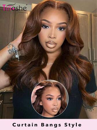  Peluca de cabello humano Remy con ondas corporales, flequillo de cortina, sin pegamento, con cierre de encaje transparente pre-cortado, nudos decolorados, densidad del 180% de Tinashe Hair 6x5 Wear&Go