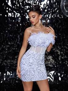 Velvet Sequin Mesh Feather Patchwork Backless Mermaid Zipper Closure Fitted Cocktail Party Dress - White - View 5