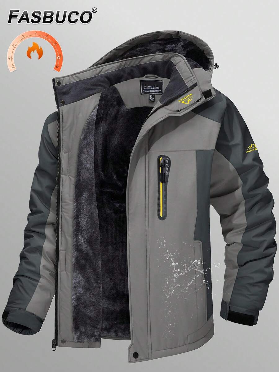 KEFITEVD Men's Mountaineering Ski Jacket Casual Warm Winter Jacket Outdoor Sports Jacket Wind And Waterproof Fleece Lined Jacket Multifunctional Jacket With Full Zipper And Detachable Hood - 淺灰色 - 查看 1