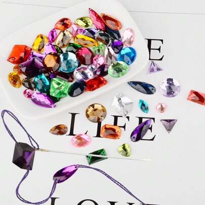 100pcs Hand-Sewn Acrylic Rhinestones, Large Mixed Shapes Acrylic Rhinestones With Sewing Holes, Suitable For Clothing DIY Crafts, Apparel, Shoes, Crystal AB Size 8-14mm