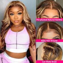 Hidden Strap 360 Body Wave Lace Front Wigs Human Hair 250% Density Drawstring Honey Blonde Body Wave Human Hair Wig 13x4 HD 4/27 Highlight Lace Front Wigs Brazilian Ombre Colored Human Hair Wig For Women - S4/27 - 查看 7