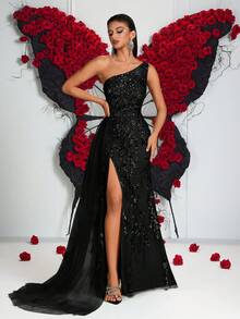 ADYCE Đầm maxi dài, eo cao, chất liệu satin voan mỏng, thắt lưng, đính sequin và thêu tinh tế dành cho nữ (vị trí thêu ngẫu nhiên), thích hợp cho dạ hội, dự đám cưới, tiệc gala trang trọng, lễ hội, hẹn hò, tiệc tối trang trọng, tiệc sinh nhật, tiệc lễ hội, họp mặt gia đình. - màu đen - Xem 1