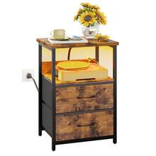 Tomnk Nightstand With Charging Station, LED Light, USB Ports & Outlets - Includes 2 Fabric Storage Drawers With PU Finish In Black / White / Rustic Brown - 美規B型插(110-127V) - 查看 13
