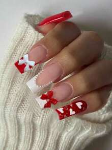 24片装矩形3D蝴蝶结和心形法式亚克力美甲贴纸，完美贴合，套装包含：1片果冻胶和1把指甲锉。闪亮美甲，适合情人节、派对、跳舞和秋季日常佩戴。美甲用品 - 紅色 - 查看 3