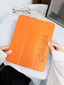 Customized Text Flat Tablet Case, Orange Solid Color, Suitable For IPad Mini4/Mini5/Mini6/Mini7, IPad A16 2025, Air 11 13 M2 M3 Pro 11 13 M4 2024, Air 4 5 10th 10.9, Pro 11 9th 8th 7th 10.2 4th 5th 6th Model A8, Customized Text, Tri-Fold Stand, Built-In Pen Slot, Soft Edge Full Coverage, Minimalist Casual Classic TPU Soft Shell IPad Flip Tablet Case. Note: The Final Font Style Is Subject To The Physical Picture, And There May Be Slight Color Differences. - Orange - View 8