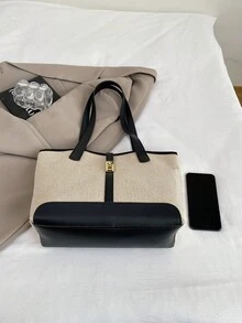 European And American Cross-Border Personalized Linen Color Block Large Capacity Tote Bag, Women New Fashion Color Block Shoulder Handbag, Casual Versatile Large Capacity Bucket Bag - Black - View 9