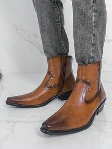 Men's Pointed Toe Chelsea Boots, Vintage British Style Gentleman Rivet Decor Motorcycle Boots, Distressed Retro Boots - Brown - View 3