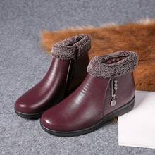 Soft Sole Winter Leather Shoes, Comfortable Middle-Aged & Elderly Women's Thermal-Lined Thick Warm Flat Ankle Boots - Burgundy - View 10