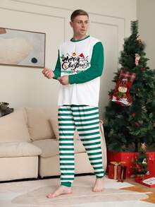 Lo Rrtta 2pcs Men's Funny Christmas Hat, Letter Blessing, Bell, Candy Cane Decor Striped Print Colorblock Long Sleeve Pullover & Pants Pajama Set - Multicolor - View 6