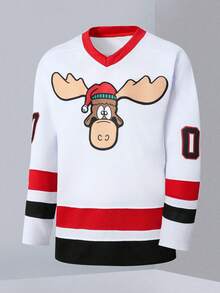 男士冰球服 00 圣诞驯鹿白色 V 领长袖刺绣运动衫冰球服