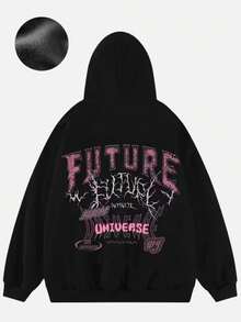 Futuristic Graphic Text Design Fleece-Lined Hooded Sweatshirt For Men, New Fashion Printed Casual Hoodie With Pockets.,Fall Hoodies,Men's Fall Clothes,Street Wear,Halloween,Mens Hoodies,Y2k Clothes,Jesus Hoodie,Thanksgiving Day,Nightmare Before Christmas,Christmas - Black - View 1
