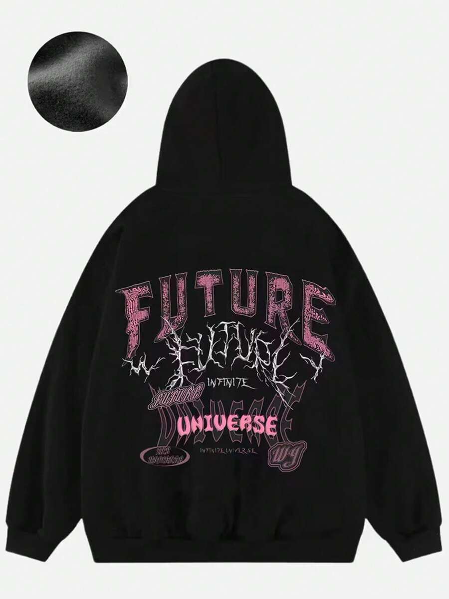 Futuristic Graphic Text Design Fleece-Lined Hooded Sweatshirt For Men, New Fashion Printed Casual Hoodie With Pockets.,Fall Hoodies,Men's Fall Clothes,Street Wear,Halloween,Mens Hoodies,Y2k Clothes,Jesus Hoodie,Thanksgiving Day,Nightmare Before Christmas,Christmas - Black - View 1