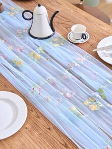 1pc Floral Embroidered Sheer Table Runner, Romantic Farmhouse Style, Suitable For Daily Use, Festivals, Weddings, Hotels, Birthday Parties, Home Decor, Photography Backdrop, All Seasons - Blue - View 3