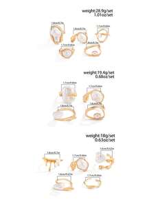 Bộ 5 chiếc nhẫn ngọc trai giả kiểu Baroque cổ điển, bộ nhẫn bất đối xứng thanh lịch, nhẫn kim loại vàng tối giản kiểu Pháp, bộ trang sức quyến rũ dành cho phụ nữ. - Vàng - Xem 11