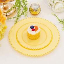 100pcs Plastic Plates With Gold Beads Plates Heavy Duty Party Supplies Includes 10.25inch Dinner Plate And 7.5inch Dessert Disposable Plate For Party,Wedding,Bridal Showers - 黃色 - 查看 9