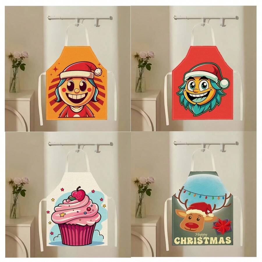 1 pieza Delantal con estampado de dibujos animados navideños, delantal de limpieza del hogar con estampado creativo e interesante, delantal de cocina impermeable, resistente al aceite y fácil de limpiar, delantal creativo para el hogar, ropa de trabajo - Multicolor - Ver 1