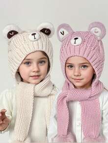 1pc Kids Earflap Hat, Autumn/Winter Warm Thick Knitted Hat With Cute Bear Design, Scarf Attached, Suitable For 8-12 Years Old Children, Daily Wear & Outdoor - Bear Scarf Hat - View 2