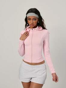 PinkTip 1pc Women's Casual Slim Fit Hooded Jacket, Solid Color Stand Collar Stretchy Women Sports Jacket, Outdoor Fitness Running Exercise Women Sports Jacket - Pink - View 2
