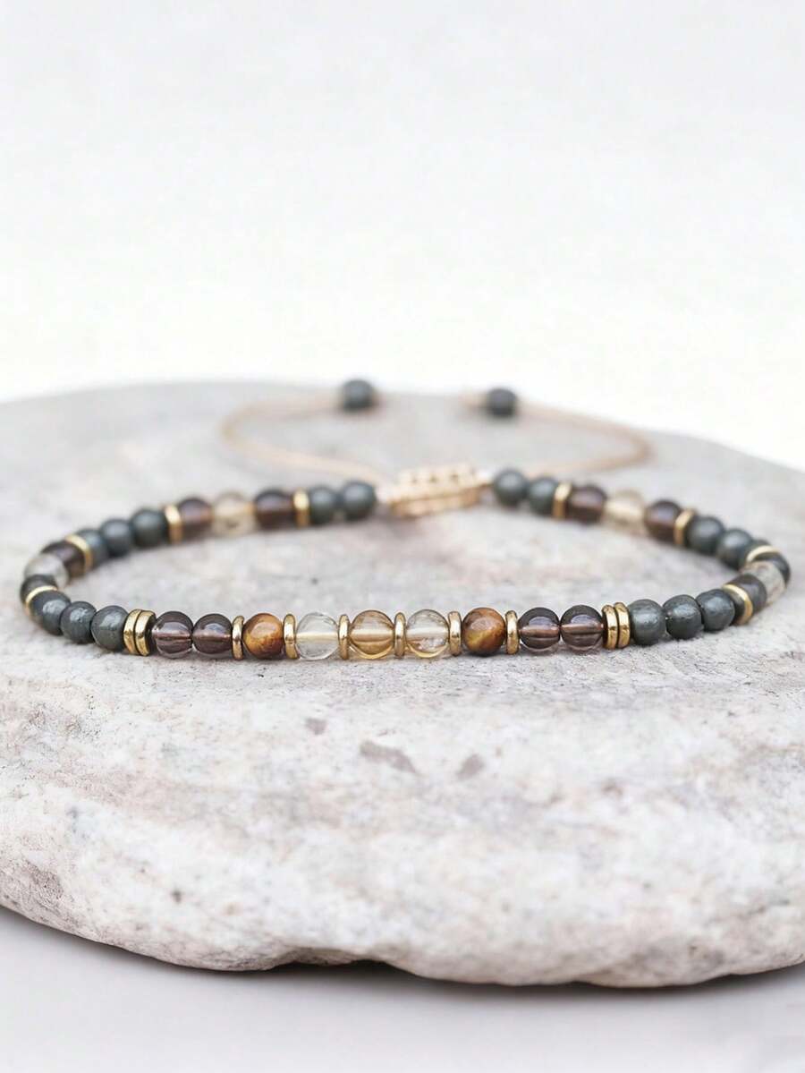 Bransoletka Fortune 1PC | Cytryn, kwarc dymny, tygrysie oko, bransoletka z koralików pirytu: joga, regulowana - Wielokolorowe - Zobacz 1