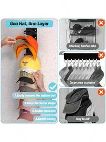 Baseball Cap Organizer 1 Piece, Wall Mounted Hat Rack With Strong Adhesive, Holds Up To 10 Hats, Hangs On Wall, Behind Door, Door Frames, Closet, Can Be Displayed And Stored, Beautiful And Practical, Hat Organizer Multi-Layer Two Mounting Methods (Black) - Black - View 4