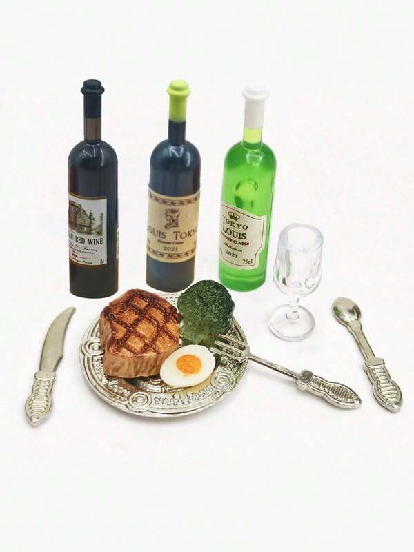 Dollhouse Romantic Plate Set, Metallic Elegant Plates With Miniature Food, Miniature Steak! Miniature Wine, Christmas Decoration!