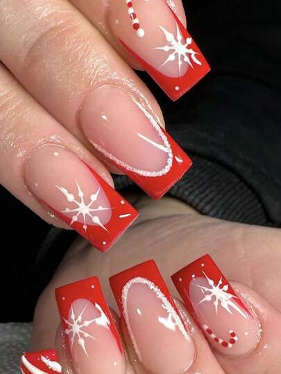 Christmas Press On Nails Short Coffin Red French Tip Fake Nails With Red White Plaid Snowflake Designs Red Full Cover Glue On Nails Artificial Acrylic Fales Nails For Women 24 Pcs