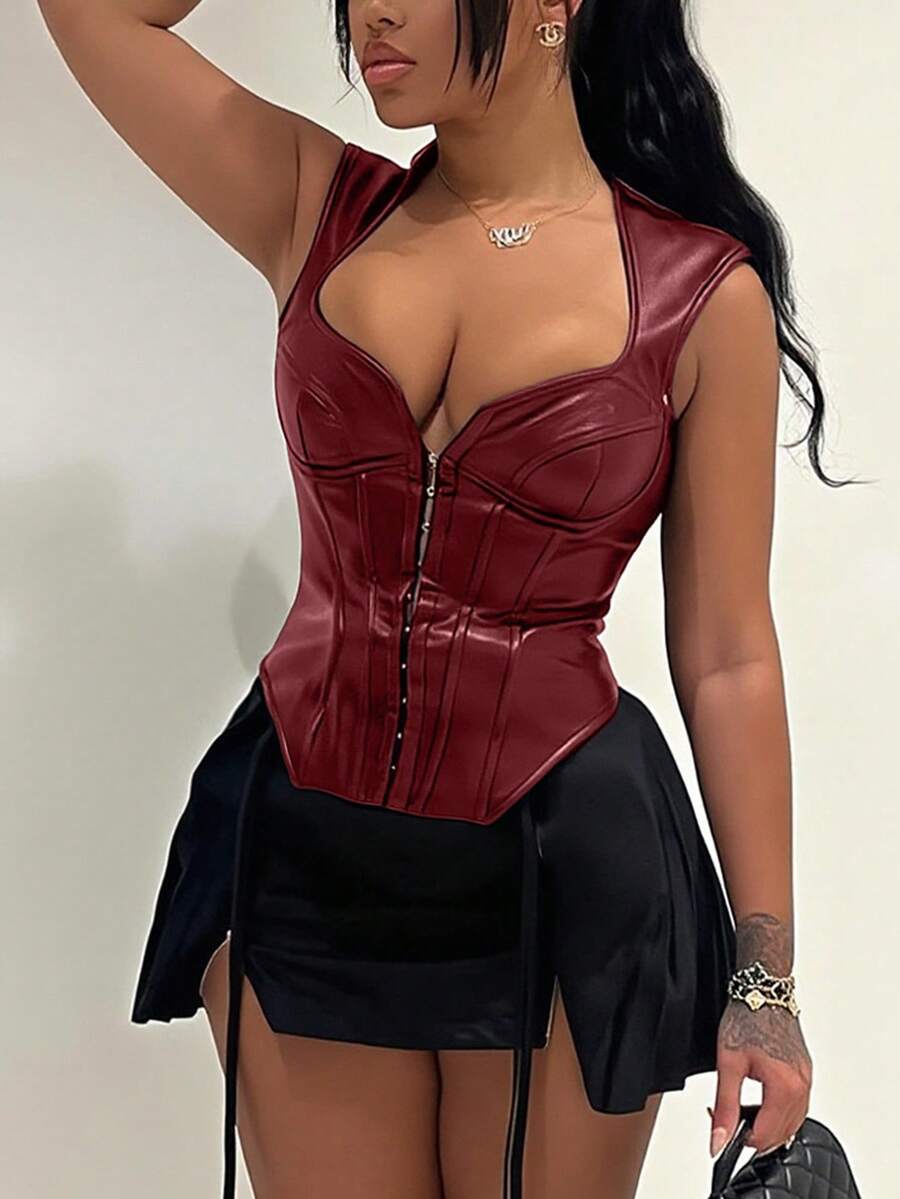 Apperloth A 黑色束身胸衣 PU 皮革宽肩带露脐背心 性感大V领过胸设计 前钩扣 后背系带 束腰塑形 女士万圣节服装 锐舞节派对俱乐部 - 紅色 - 查看 1