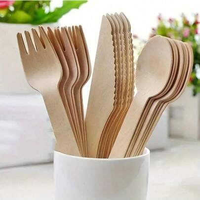 150pcs Disposable Wooden Cutlery Set - Includes 50 Compostable Forks, 50 Wooden Spoons And 50 Knives - Disposable Tableware Set For Outdoor, Party, Camping And Picnics