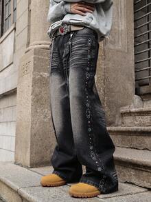 Calça Denim Masculina com Aplicação de Strass, Calça Denim Casual de Corte Reto e Perna Larga, Moda de Rua Americana Y2K Rock