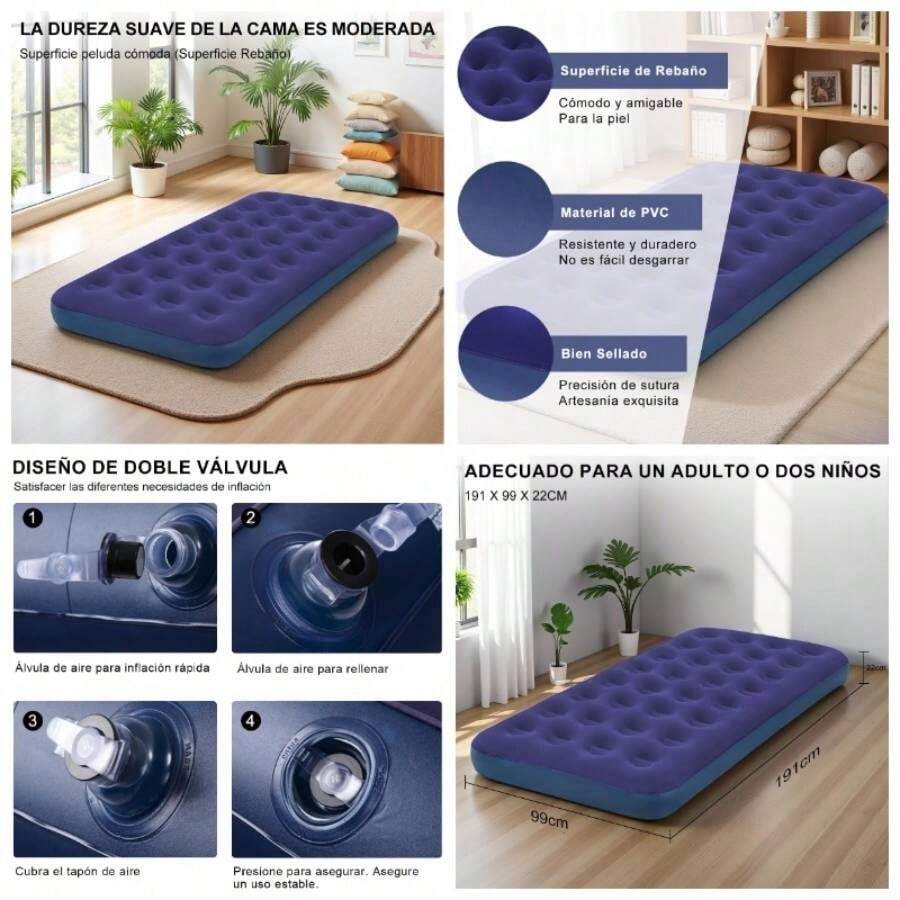 Colchn de Aire Inflable Individuales, Cama de Aire con Parches de Reparacin, 191x99x22cm, Bomba se Vende por Separado, Duradero Resistente, para Hogar, Viajes y Camping - Individual - Ver 1