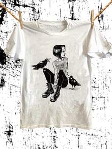 Gothic Girl With Crows Graphic T-Shirt - Unisex Cotton Tee, Vintage Inspired Streetwear Style, Casual Crew Neck Short Sleeve Top For Women Men, Alternative Fashion Gift - 白色 - 查看 1