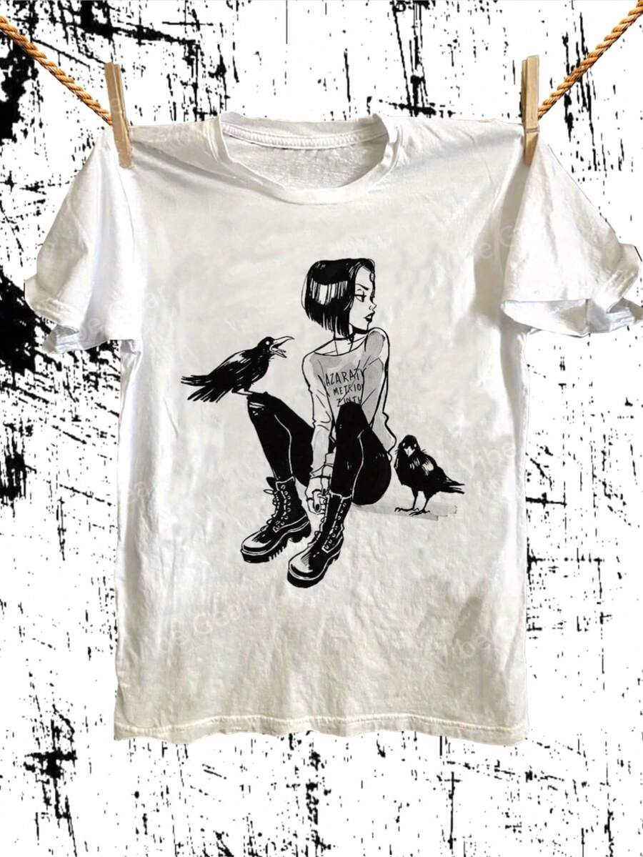 Gothic Girl With Crows Graphic T-Shirt - Unisex Cotton Tee, Vintage Inspired Streetwear Style, Casual Crew Neck Short Sleeve Top For Women Men, Alternative Fashion Gift - 白色 - 查看 1