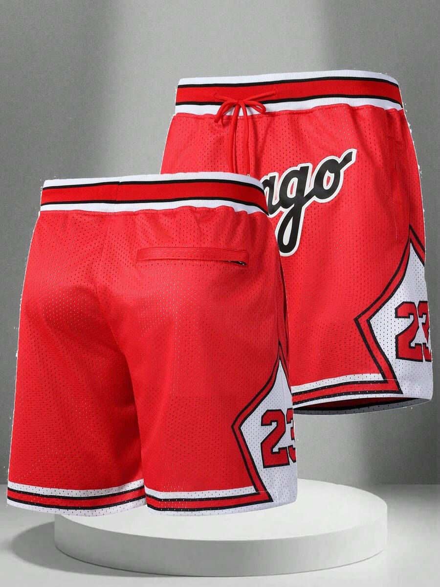 Men's 23 Red Basketball Shorts Casual Embroidered Sewn Zipper Pocket Party Sports Pants