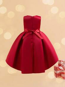 Girls 3D Embroidered Contrast Color Princess Dress, Midi Length Backless Princess Dress For Young Girl Party Wedding - Red - View 4