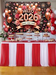 1件新年主题背景横幅，黑色玫瑰金“2026新年快乐”气球烟花花卉设计涤纶悬挂旗帜，适用于2026新年派对庆祝背景布、家居装饰、新年派对墙面背景、新年礼物、花园庭院装饰、花园旗帜、悬挂装饰、派对拍照道具、2026新年装饰、派对礼品 - 新年快樂-A款 - 查看 6