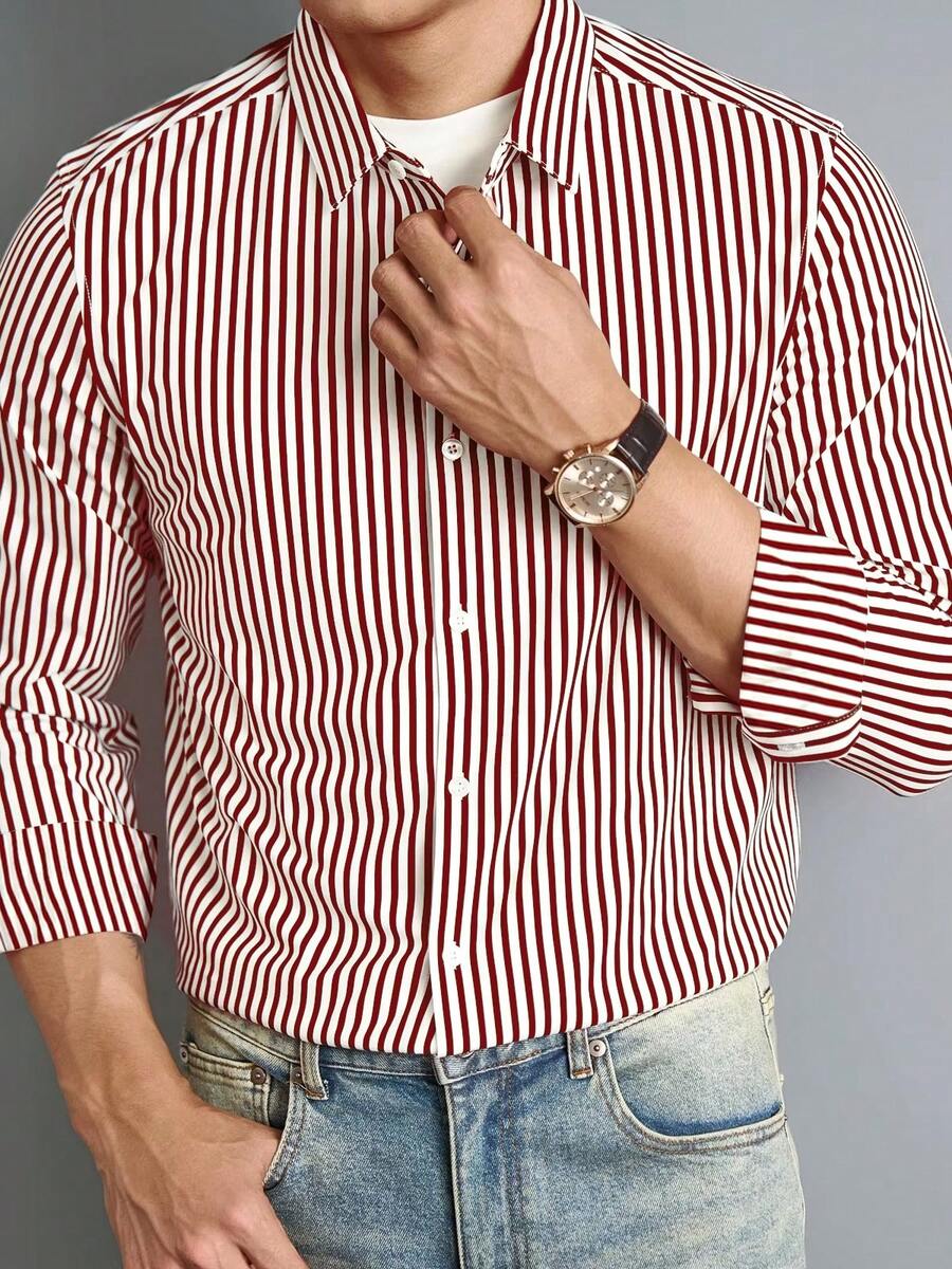 男士黑色条纹绅士优雅简约条纹长袖衬衫商务休闲春秋夏修身 - 紅白色 - 查看 1