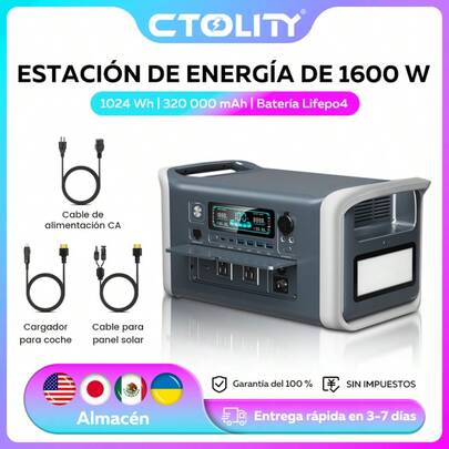 Estación de energía portátil CTOLITY XP1000, batería LiFeP04 de 1024 Wh, 1600 W, generador de energía solar de 320 000 mAh para el hogar, exteriores, camping, autocaravanas y viajes.