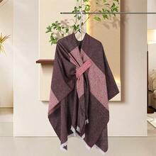 Womens Knitted Ponchos Contrast Color Diagonal Tie Tassel Hem Details Capes Shawls For Cool Weather - Red - View 3