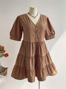 Rusttydustty Gaun Wanita Ukuran Plus Gaya Bohemian untuk Pesta Teh, Liburan Sehari-hari, Gaun Berlapis Model Boneka Warna Cokelat dengan Leher V, Pakaian Pesta - Coklat - View 2