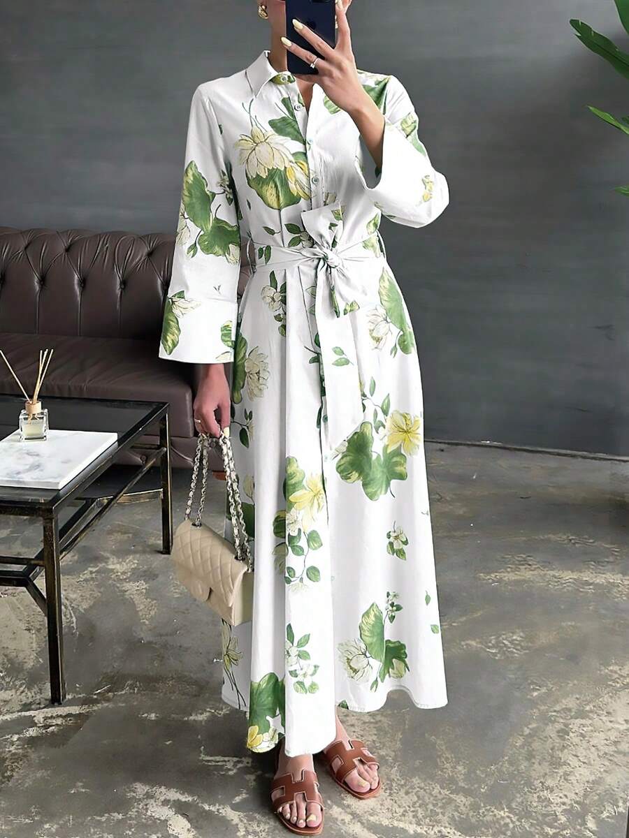 Damen Blatt Muster Blumen Muster Kleid, Lässig elegantes Bindetaille Knopf Maxikleid, Ganzjährig - Hellgrau - Übersicht 1