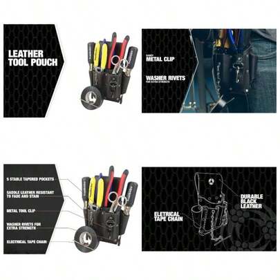 POUCH4 Bolsa de Herramientas de Piel; Bolsa de 5 Bolsillos con Cadena de Cinta elctrica; Resistente a la decoloracin, Compartimentos duraderos; Remaches de Lavadora; Incluye Clip de