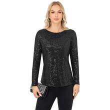 Women's Long Sleeve Sequin Top With Crew Neck And Fitted Silhouette - 黑色 - 查看 4