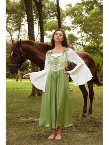 Medieval Renaissance Gown - Women's Floral Peasant Dress With Elegant Bell Sleeves, Festival Formal Dress - 鸚鵡綠 - 查看 2