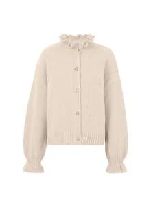Joy Knit 女款秋冬針織開襟衫，百搭上衣，極簡休閒法式風，小立領荷葉邊飾金屬鈕扣，適合上班通勤、外出與派對穿搭 - 白色 - 查看 6
