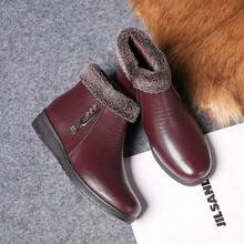 Soft Sole Winter Leather Shoes, Comfortable Middle-Aged & Elderly Women's Thermal-Lined Thick Warm Flat Ankle Boots - Burgundy - View 4