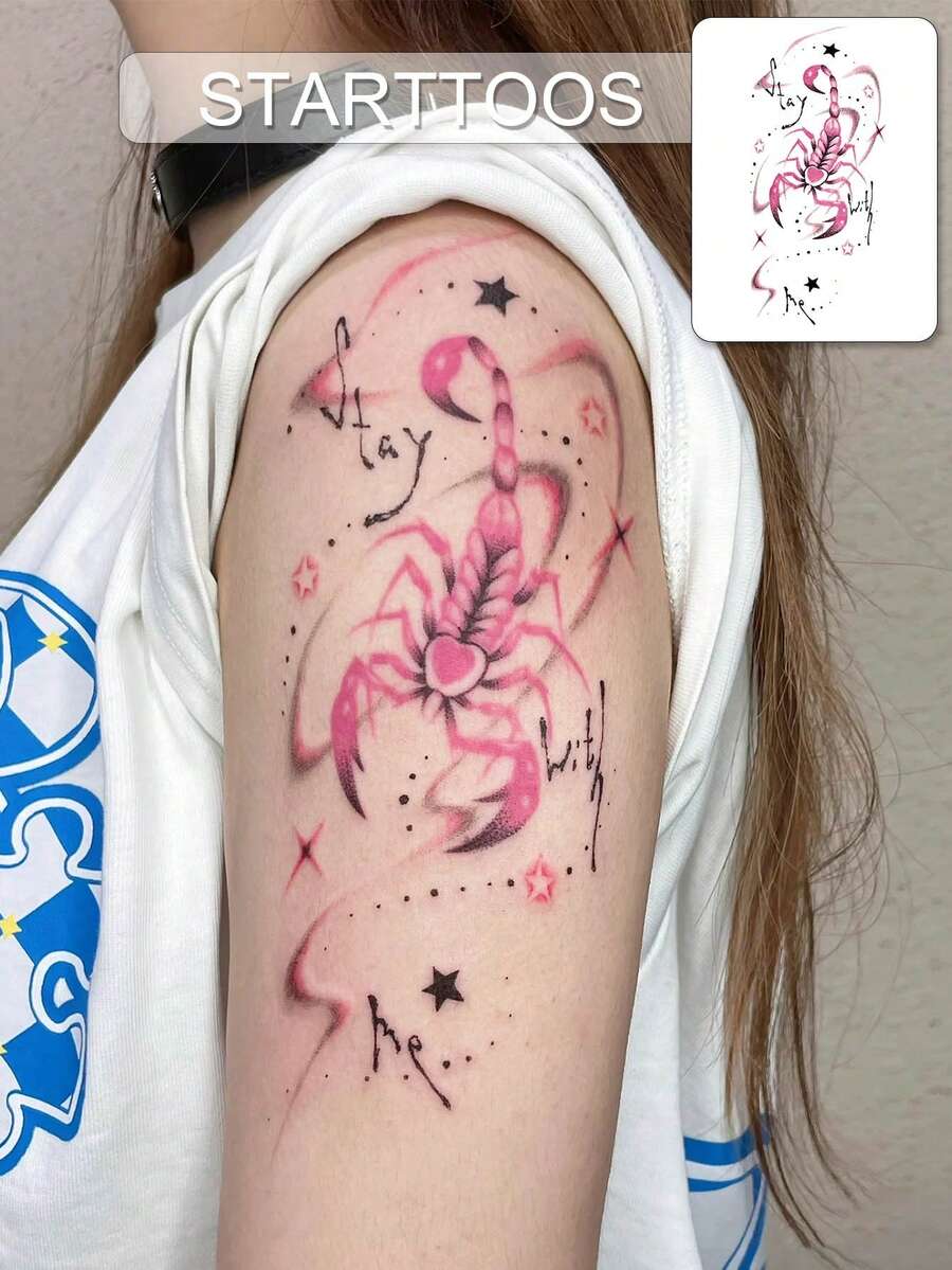 STARTTOOS Y2K Pink Scorpion Starlight Pattern Large Arm Tattoo Sticker, DIY Rave Party Holiday Gift Sexy Thigh Chest Abdomen Back Body Skin Temporary Tattoo Sticker - Multicolor - View 1